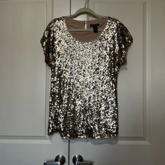 INC International Concepts Gold Sequin Short Sleeve Top - Picture 1 of 4